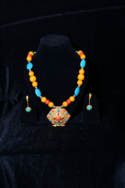 Traditional Tibetan Turquoise & Amber Statement Necklace Set