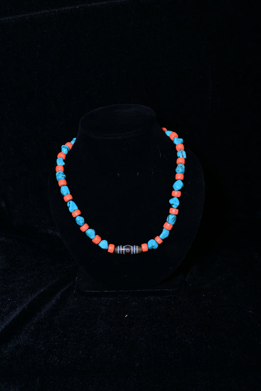 Turquoise & Coral Bead Necklace with Dzi Accent
