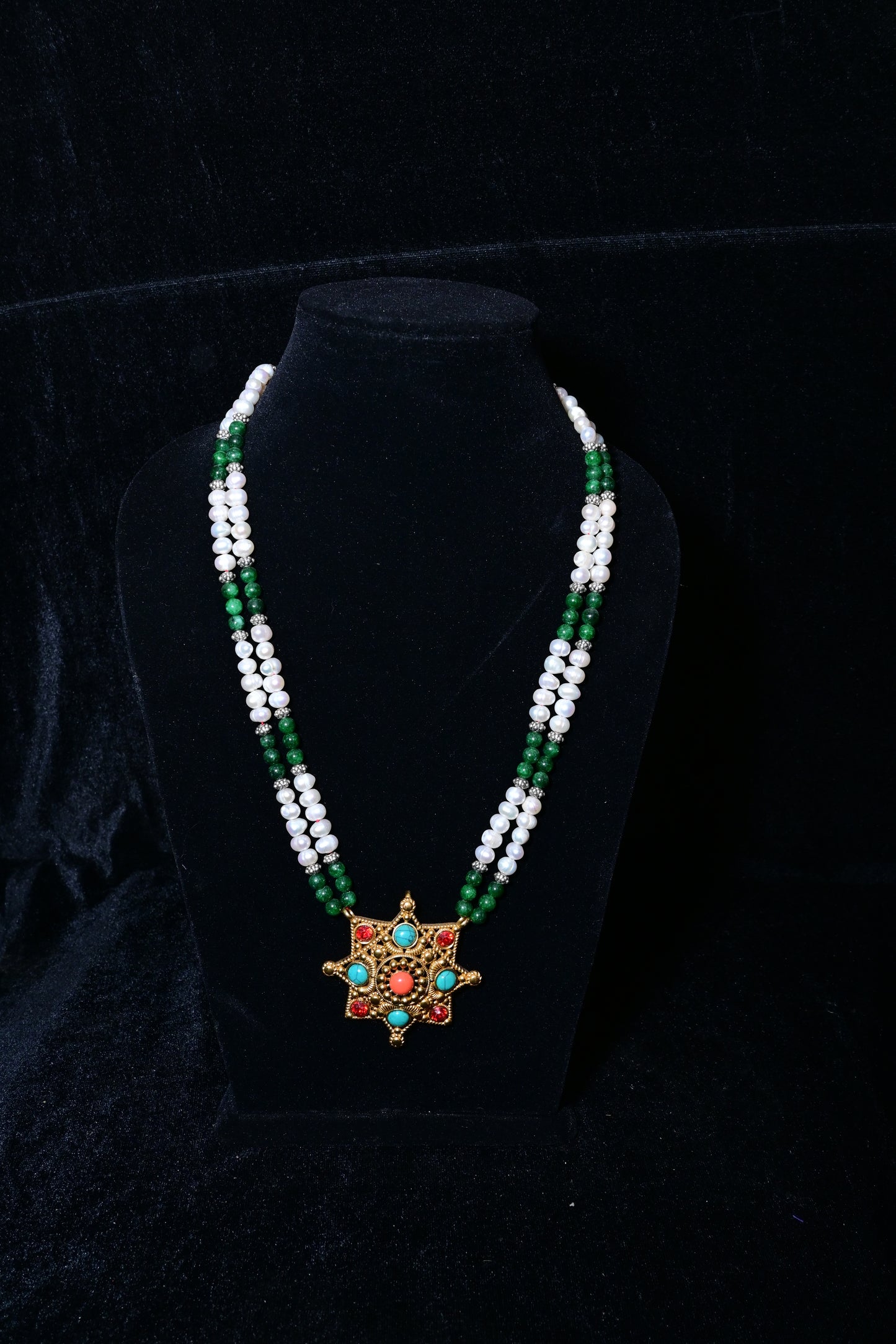 Traditional Double Strand Pearl & Green Bead Necklace