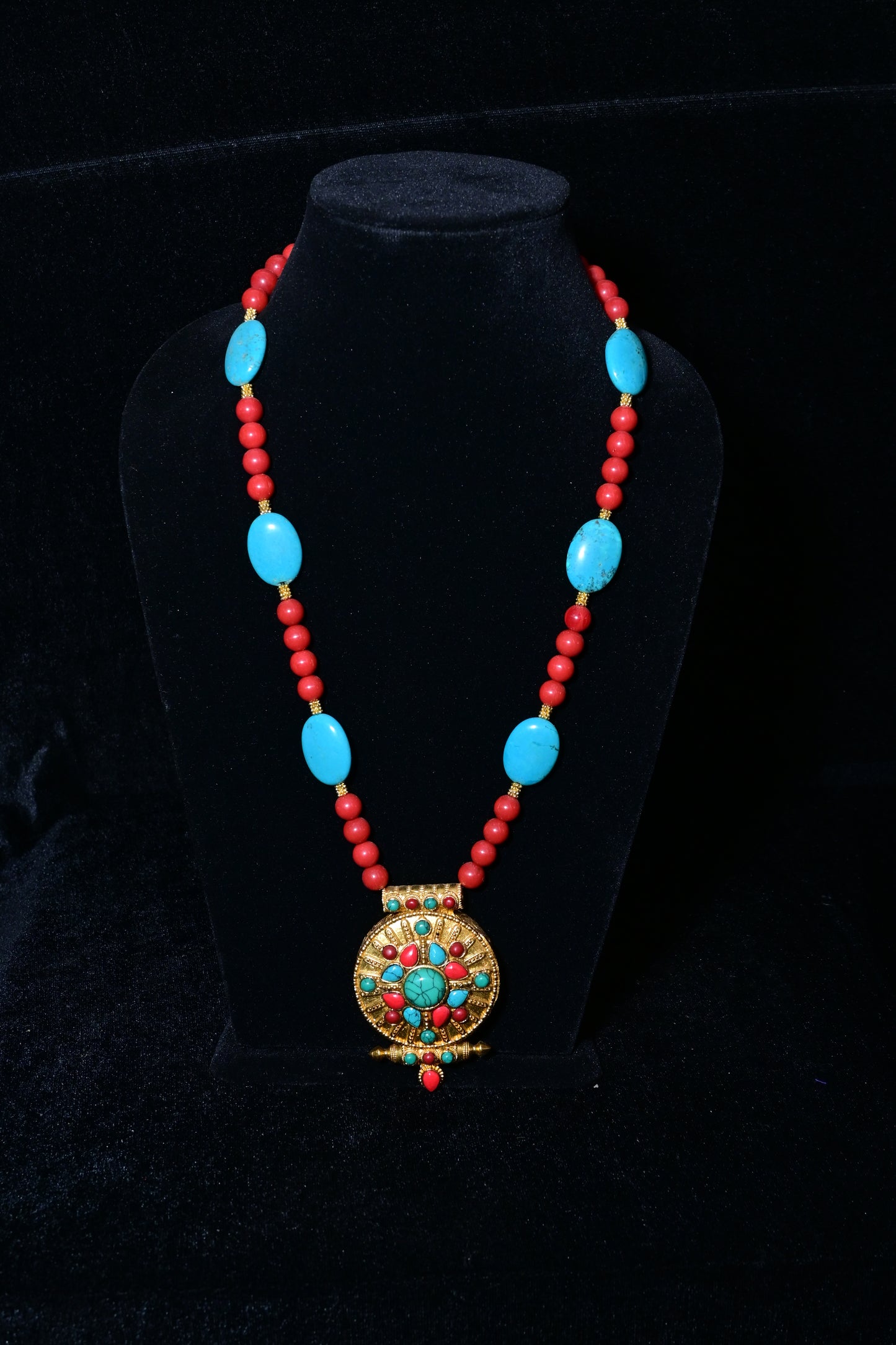 Traditional Turquoise & Coral Statement Necklace with Ornate Pendant