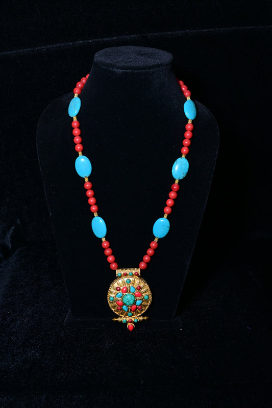 Traditional Turquoise & Coral Statement Necklace with Ornate Pendant