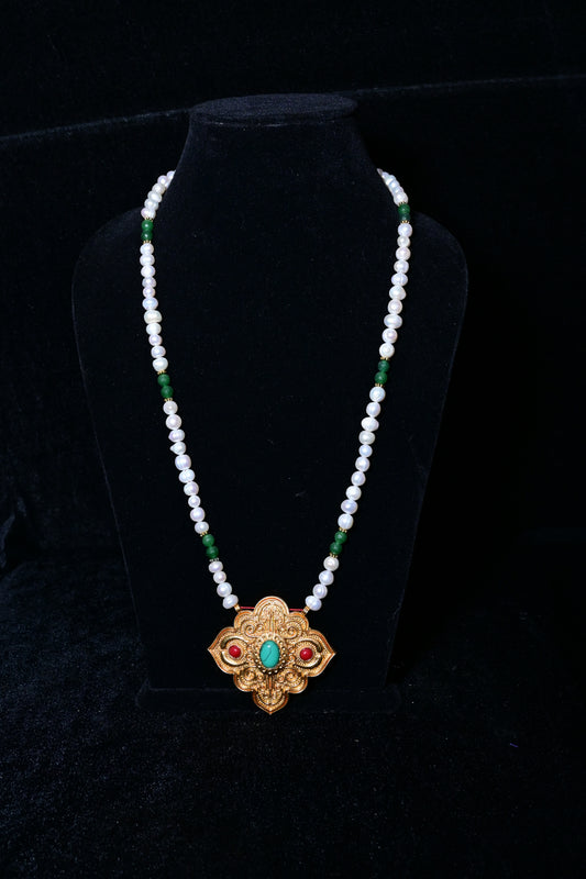 Pearl & Green Stone Necklace with Tibetan Antique Pendant
