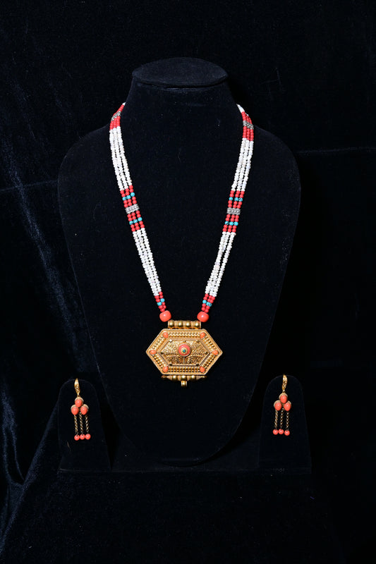 White Multi-Strand Tibetan Necklace Set with Hexagon Pendant