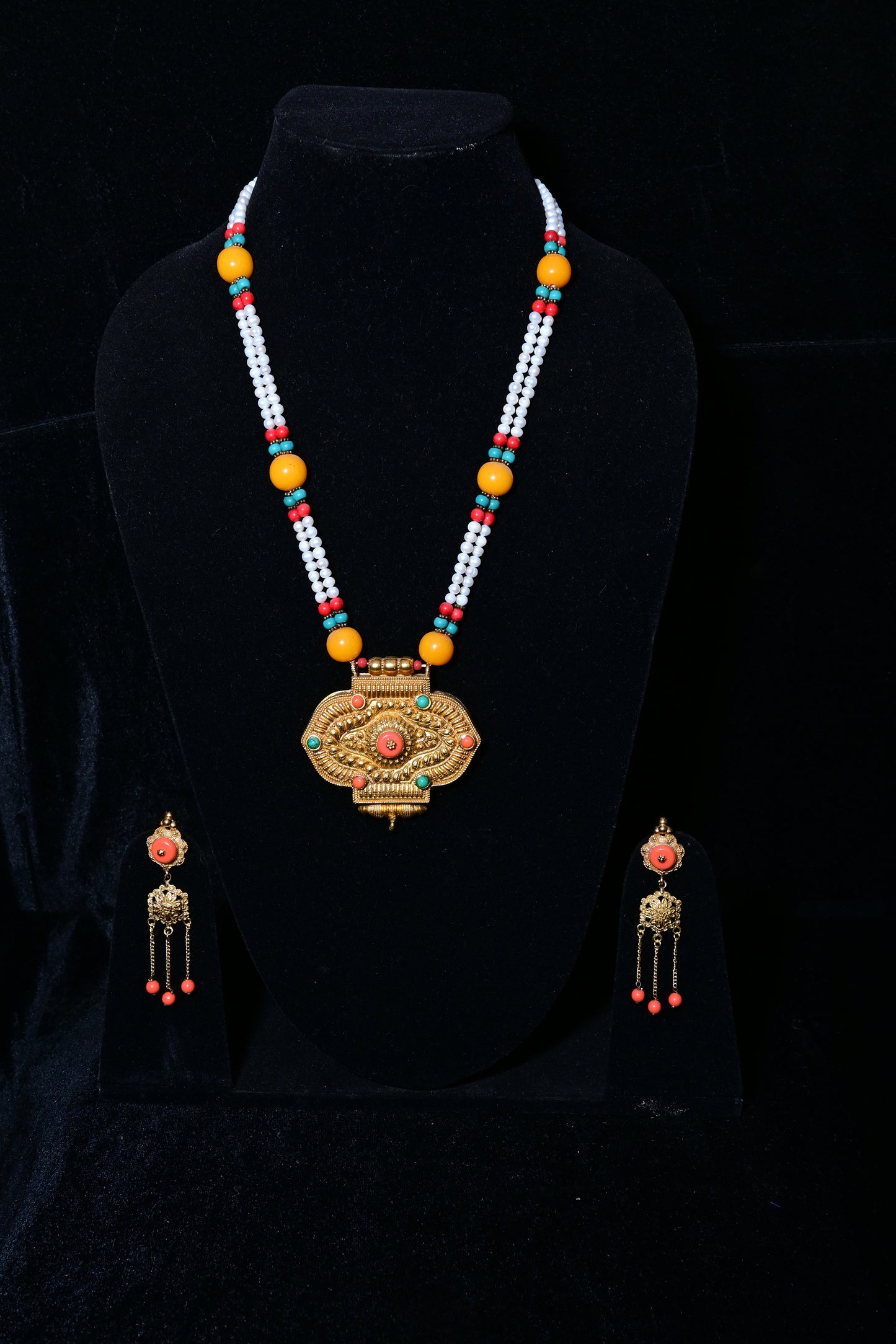 Traditional Tibetan White Bead Necklace Set with Ornate Gold Pendant