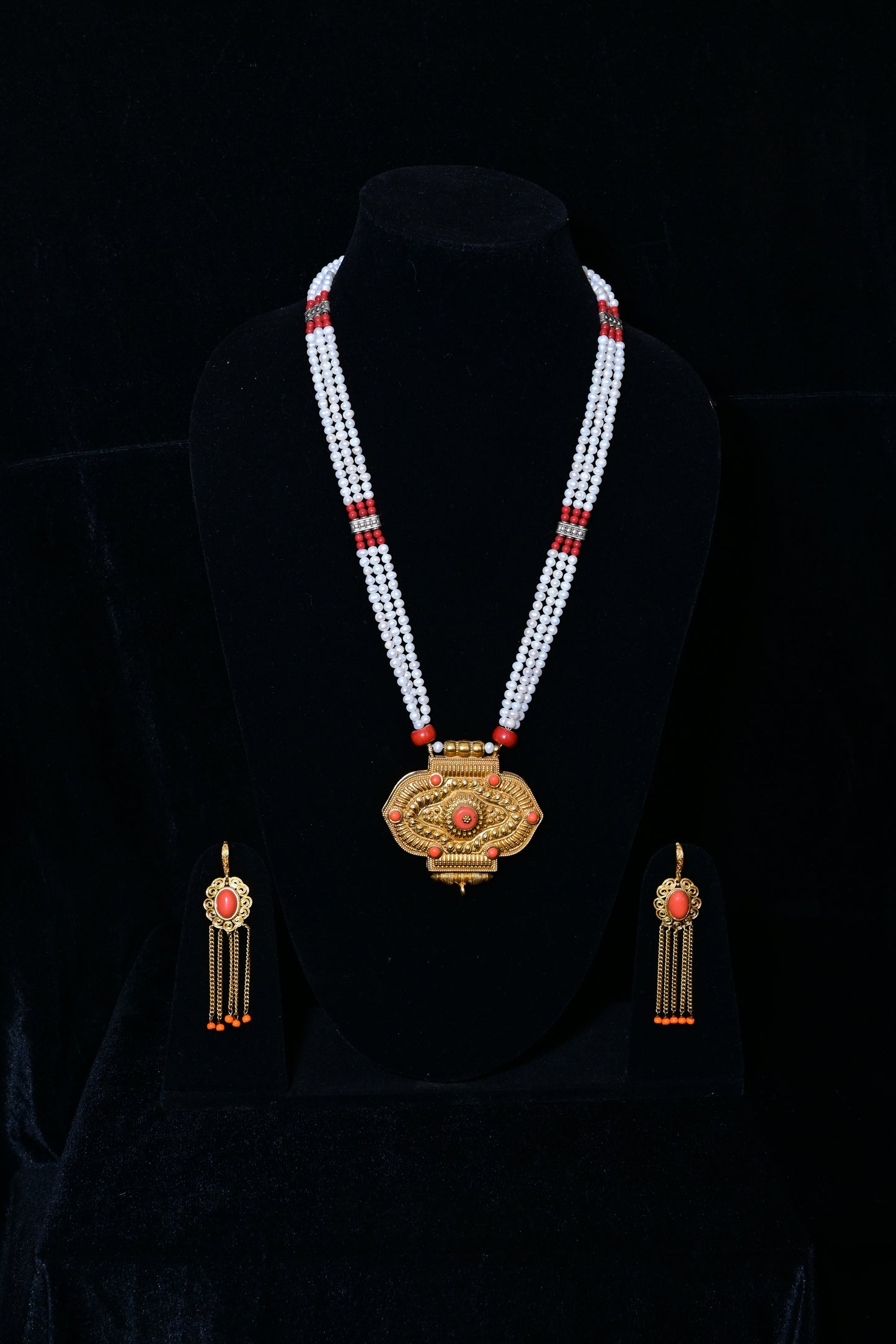 Traditional Tibetan White Multi-Strand Beaded Necklace Set with Ornate Gold Pendant