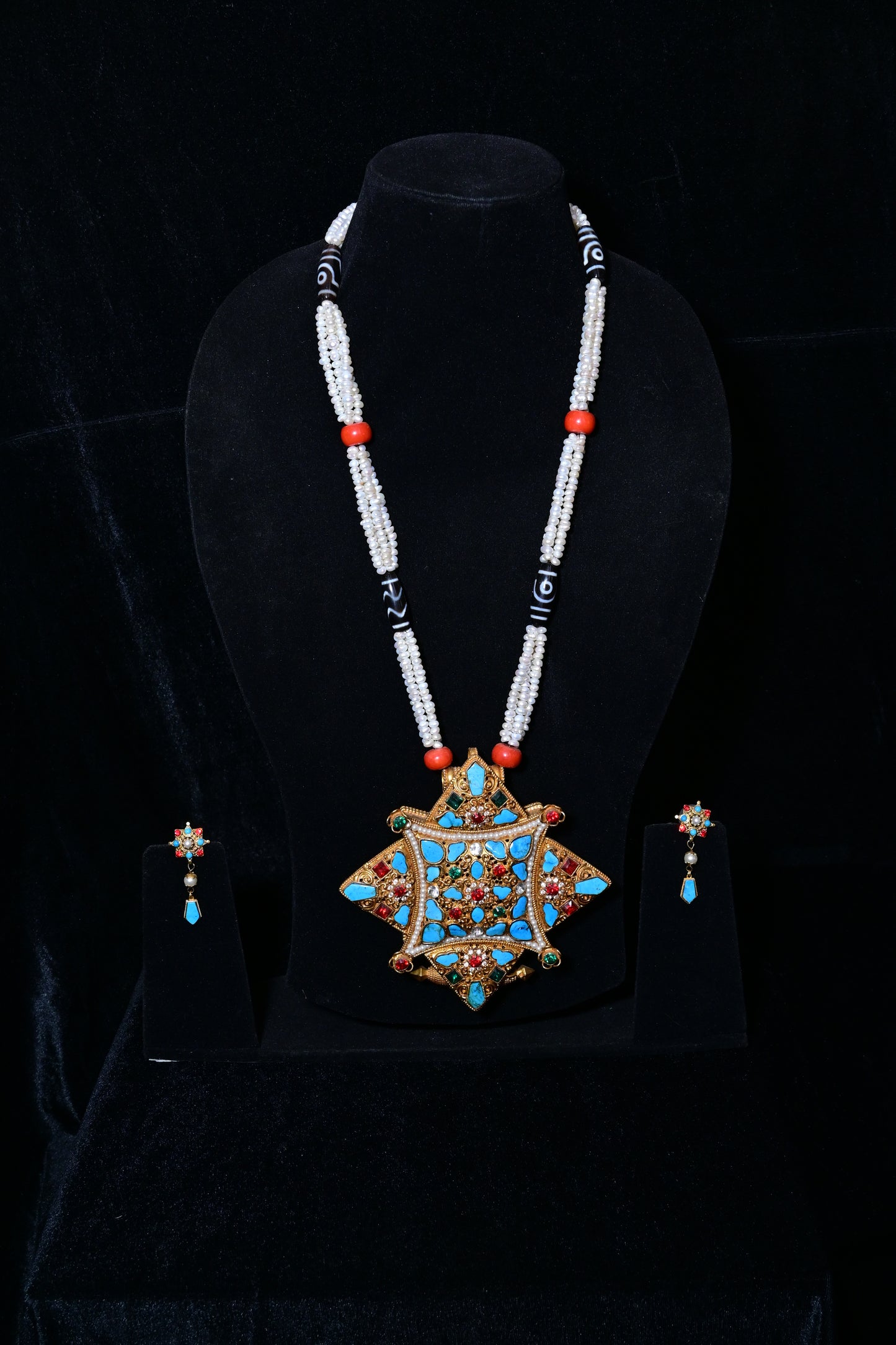 Traditional Tibetan Star Pendant Necklace Set with White Beads & Turquoise Inlay