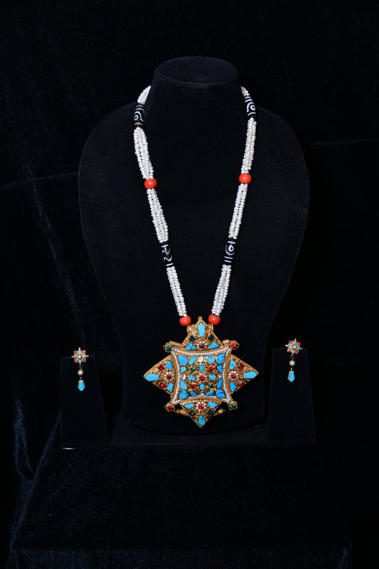 Traditional Tibetan Star Pendant Necklace Set with White Beads & Turquoise Inlay