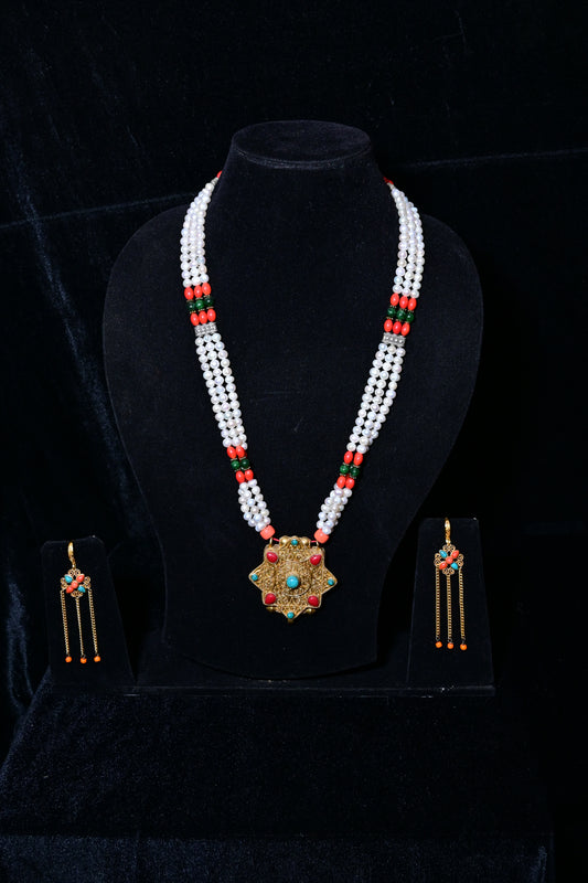 Traditional Tibetan Pearl Bead Necklace Set with Floral Gold Pendant