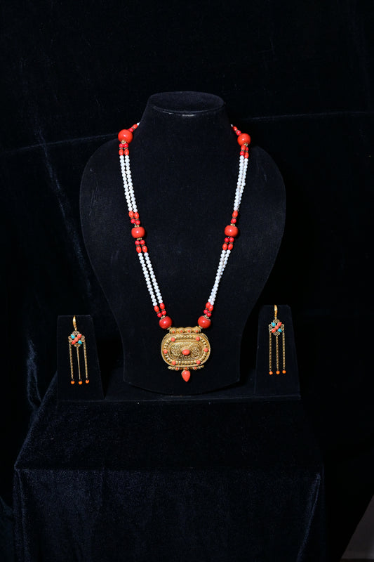 Traditional Tibetan White Bead Necklace Set with Oval Antique Gold Pendant