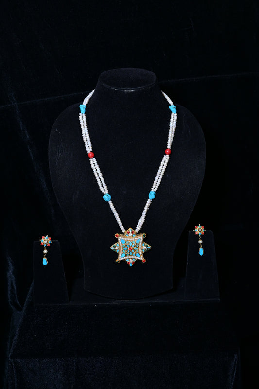Traditional Tibetan White Bead Necklace Set with Star Pendant