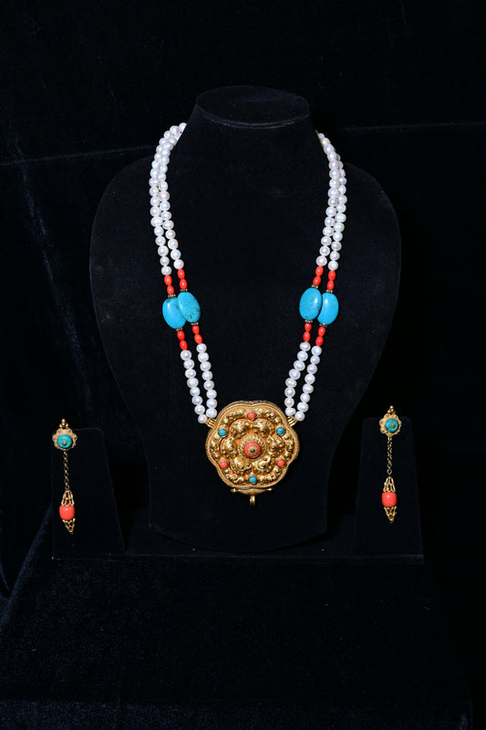 Traditional Tibetan Pearl & Turquoise Statement Necklace Set