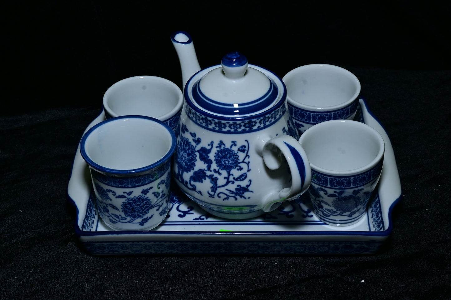 Blue Floral Ceramic Tea Set with Tray
