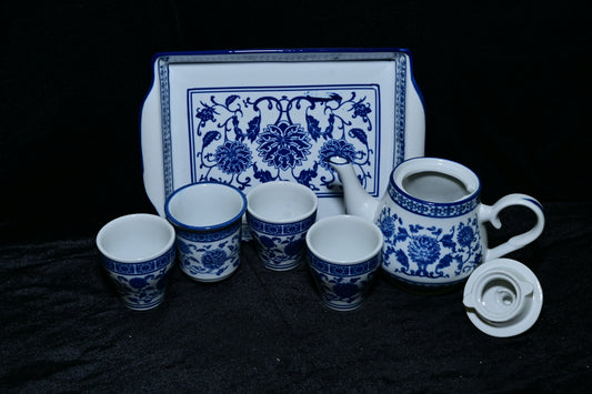 Blue Floral Ceramic Tea Set with Tray