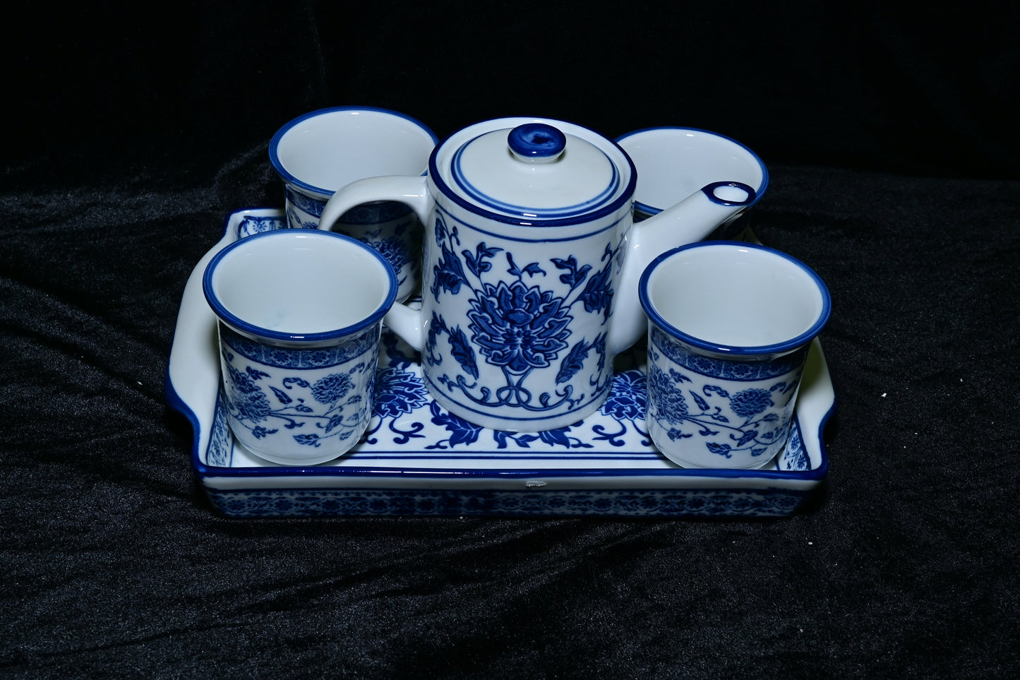 Blue Floral Ceramic Tea Set with Tray