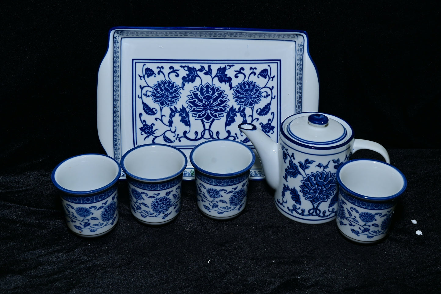 Blue Floral Ceramic Tea Set with Tray