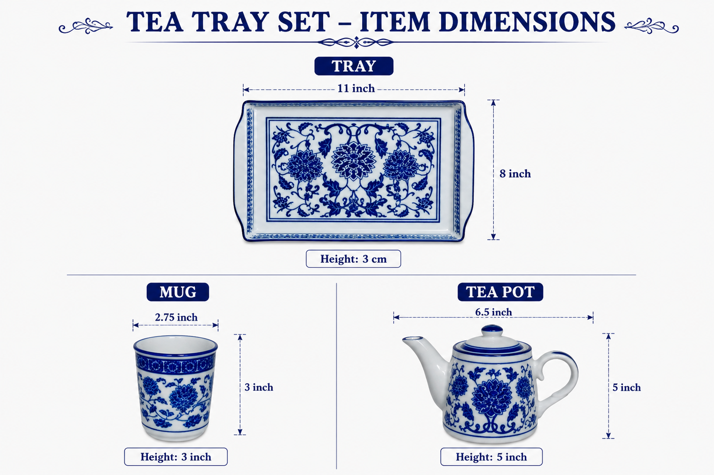 Blue Floral Ceramic Tea Set with Tray